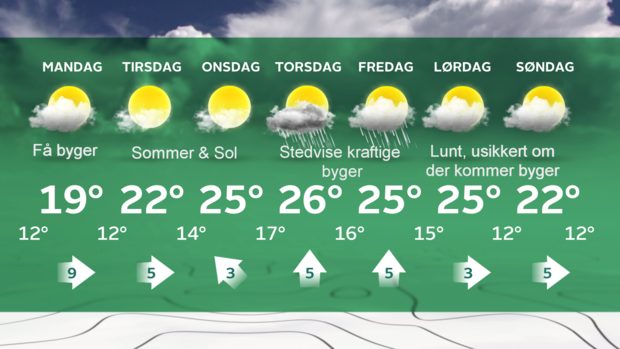 Vejrudsigt, søndag 17. juli 2016 Grafik: ©TV2 Vejret